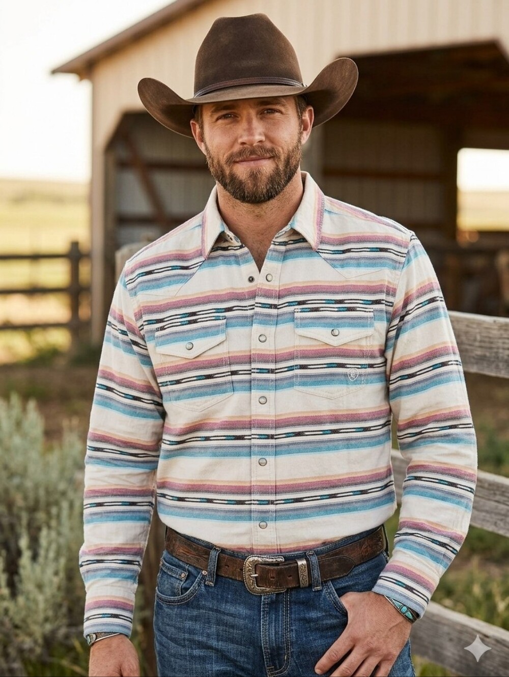 Ariat Men's Striped Button-Down Shirt in Cream, Blue & Pink